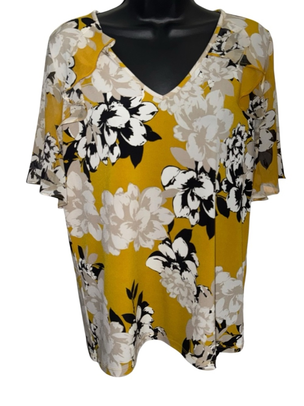 Womens Calvin Klein Yellow Floral Blouse V Neck Short Sleeve Medium Top
